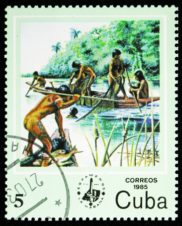 MOSCOW, RUSSIA - NOVEMBER 10, 2018: A stamp printed in Cuba shows ESPAMER '85, Fishing, Philatelic Exhibitions serie, circa 1985のeditorial素材