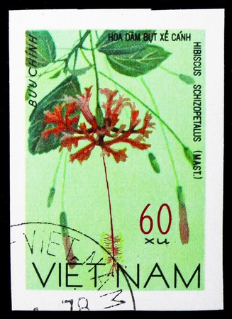 MOSCOW, RUSSIA - NOVEMBER 10, 2018: A stamp printed in Vietnam shows Scarlet rose of China (Hibiscus schizopetalus), Wildflowers serie, circa 1977のeditorial素材