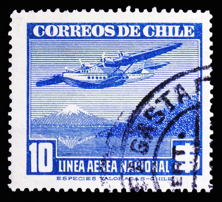 MOSCOW, RUSSIA - NOVEMBER 10, 2018: A stamp printed in shows Chile, Air Mail Type 1941 blue serie, circa 1942のeditorial素材