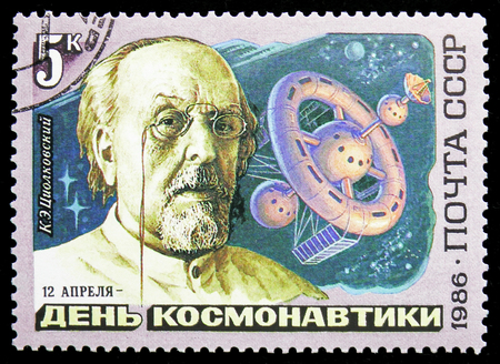 MOSCOW, RUSSIA - NOVEMBER 10, 2018: A stamp printed in USSR (Russia) shows Portrait of K.E. Tsiolkovsky (1857-1935), Cosmonautics Day serie, circa 1986のeditorial素材