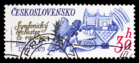 MOSCOW, RUSSIA - FEBRUARY 9, 2019: A stamp printed in Czechoslovakia devoted to The 50th Anniversary of Radio Symphony Orchestra, Bratislava, Anniversary serie, circa 1979のeditorial素材