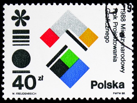 MOSCOW, RUSSIA - FEBRUARY 9, 2019: A stamp printed in Poland devoted to International Year of Graphic Design, circa 1988のeditorial素材