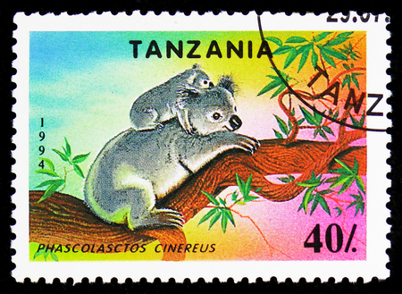 MOSCOW, RUSSIA - FEBRUARY 9, 2019: A stamp printed in Tanzania shows Koala (Phascolarctos cinereus), Endangered Species serie, circa 1994のeditorial素材
