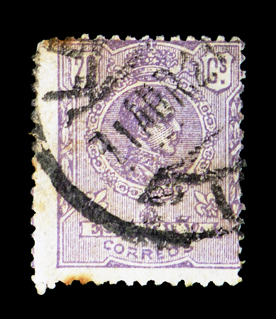 MOSCOW, RUSSIA - FEBRUARY 10, 2019: A stamp printed in Spain shows King Alfonso XIII, serie, circa 1920のeditorial素材