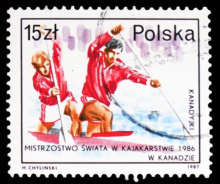 MOSCOW, RUSSIA - FEBRUARY 10, 2019: A stamp printed in Poland shows Doubles Canoeing, Success of Polish Athletes serie, circa 1987のeditorial素材