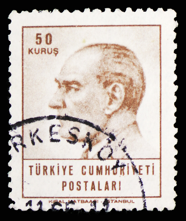 MOSCOW, RUSSIA - FEBRUARY 10, 2019: A stamp printed in Turkey shows Ataturk, Definitive Postage Stamps, Ataturk serie, circa 1965のeditorial素材