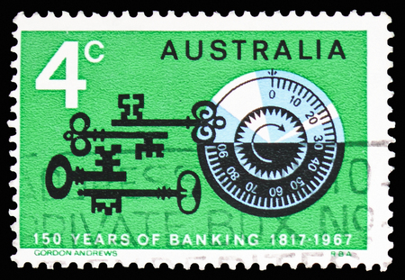 MOSCOW, RUSSIA - FEBRUARY 10, 2019: A stamp printed in Australia shows Old keys, combination lock, 150 years bank of Australia serie, circa 1967のeditorial素材