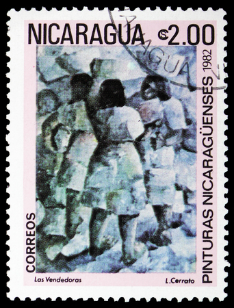 MOSCOW, RUSSIA - FEBRUARY 10, 2019: A stamp printed in Nicaragua shows Saleswomen by L. Cerrato, Paintings serie, circa 1982のeditorial素材
