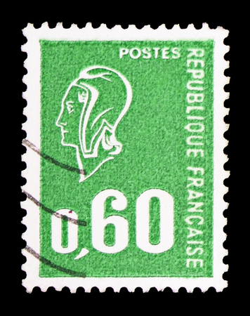 MOSCOW, RUSSIA - FEBRUARY 10, 2019: A stamp printed in France shows Marianne (BÃ©quet), serie, circa 1974のeditorial素材