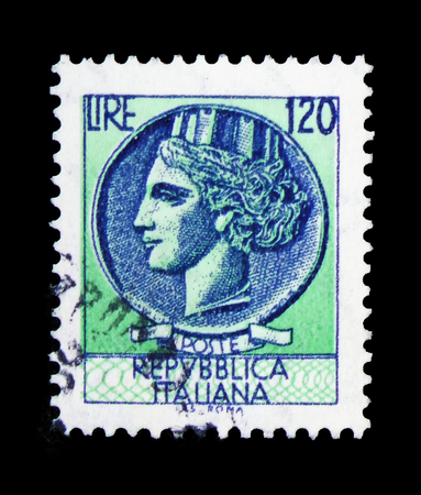MOSCOW, RUSSIA - FEBRUARY 10, 2019: A stamp printed in Italy shows Coin of Syracuse, 120 Lires,...