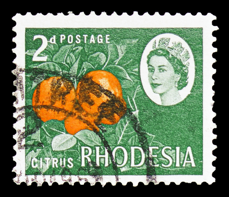 MOSCOW, RUSSIA - FEBRUARY 10, 2019: A stamp printed in Rhodesia shows Oranges, Queen Elizabeth II Pictorials serie, circa 1966のeditorial素材