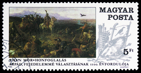 MOSCOW, RUSSIA - FEBRUARY 10, 2019: A stamp printed in Hungary shows Conquest of Hungary, painting by MÃ³r Than, Paintings serie, circa 1989のeditorial素材