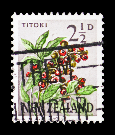 MOSCOW, RUSSIA - FEBRUARY 10, 2019: A stamp printed in New Zealand shows Titoki, New Zealand Oak (Alectryon excelsus), serie, circa 1961のeditorial素材