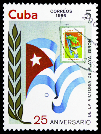 MOSCOW, RUSSIA - FEBRUARY 10, 2019: A stamp printed in Cuba devoted to 25th Aniversary of Playa Giron, Proclamation of Socialist Revolution serie, circa 1986のeditorial素材