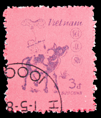 MOSCOW, RUSSIA - FEBRUARY 10, 2019: A stamp printed in Vietnam shows Boy on buffalo, Year of buffalo serie, circa 1985のeditorial素材