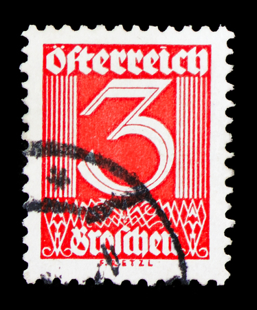 MOSCOW, RUSSIA - FEBRUARY 10, 2019: A stamp printed in Austria shows Numerals, Figures serie, circa 1925のeditorial素材