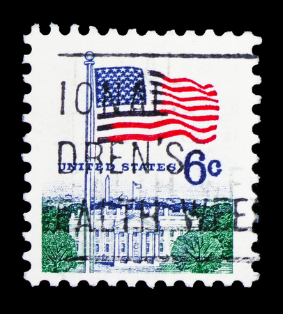MOSCOW, RUSSIA - FEBRUARY 10, 2019: A stamp printed in United States shows Flag and White House, Flag Issue serie, circa 1970のeditorial素材