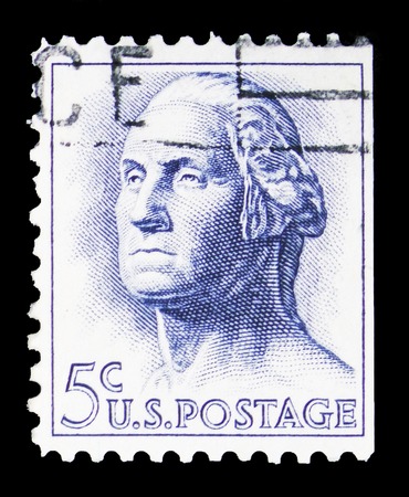 MOSCOW, RUSSIA - FEBRUARY 10, 2019: A stamp printed in United States shows George Washington (1732-1799), 1961-1966 Regular Issue serie, circa 1963のeditorial素材