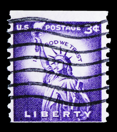 MOSCOW, RUSSIA - FEBRUARY 10, 2019: A stamp printed in United States shows Statue of Liberty (1875),...