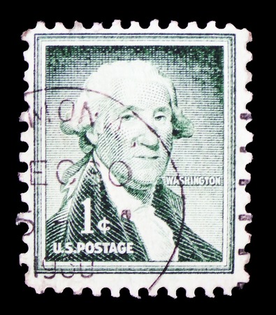 MOSCOW, RUSSIA - FEBRUARY 10, 2019: A stamp printed in United States shows George Washington (1732-1799), first President of the U.S.A., Liberty issue serie, circa 1954のeditorial素材