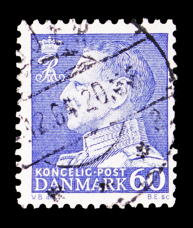 MOSCOW, RUSSIA - FEBRUARY 10, 2019: A stamp printed in Denmark shows King Frederik IX, serie, circa...