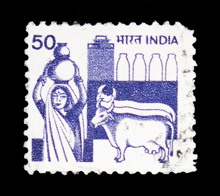 MOSCOW, RUSSIA - FEBRUARY 10, 2019: A stamp printed in India shows Dairy farming, Agriculture serie, circa 1982のeditorial素材