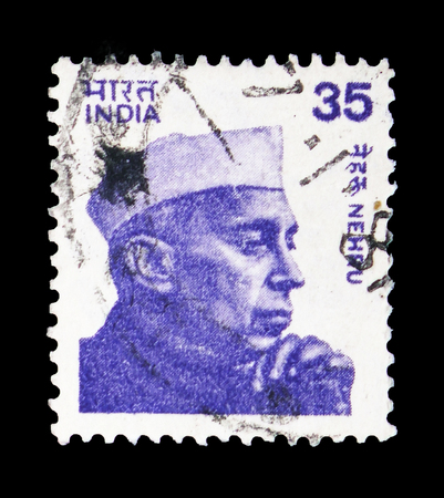 MOSCOW, RUSSIA - FEBRUARY 10, 2019: A stamp printed in India shows Jawaharlal Nehru (1889-1964), Gandhi, Nehru serie, circa 1980のeditorial素材