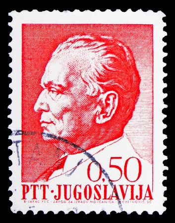 MOSCOW, RUSSIA - FEBRUARY 10, 2019: A stamp printed in Yugoslavia shows Josip Broz Tito (1892-1980) president, President Tito serie, circa 1968のeditorial素材