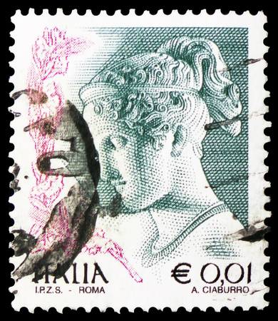 MOSCOW, RUSSIA - FEBRUARY 21, 2019: A stamp printed in Italy shows "Hebe", Antonio Canova, Women in Art (1998-2004) serie, circa 2002のeditorial素材