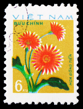 MOSCOW, RUSSIA - FEBRUARY 21, 2019: A stamp printed in Vietnam shows Pink dahlias, Cultivated...