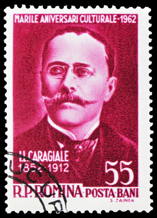 MOSCOW, RUSSIA - FEBRUARY 21, 2019: A stamp printed in Romania shows Ion Luca Caragiale (1852-1912), Cultural Anniversaries 1962 serie, circa 1962のeditorial素材
