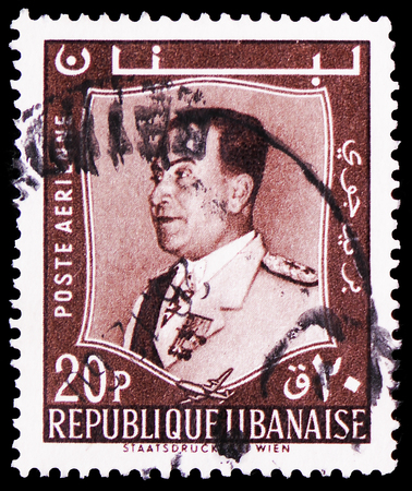MOSCOW, RUSSIA - FEBRUARY 21, 2019: A stamp printed in Lebanon shows President Fuad Chehab, serie, circa 1960のeditorial素材