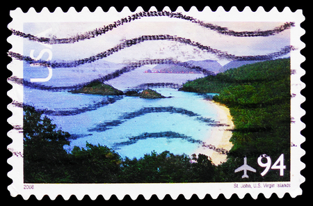 MOSCOW, RUSSIA - FEBRUARY 21, 2019: A stamp printed in United States shows Saint John, American Virgin Island, Landscapes serie, circa 2008のeditorial素材
