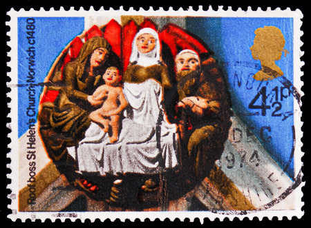 MOSCOW, RUSSIA - FEBRUARY 21, 2019: A stamp printed in United Kingdom shows "The Nativity" (St Helen's Church, Norwich, 1480), Christmas 1974 - Church Roof Bosses serie, circa 1974のeditorial素材