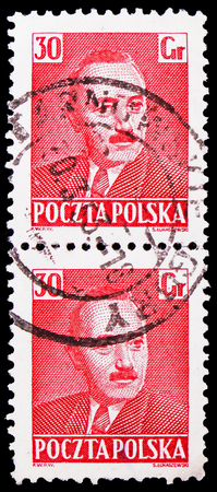MOSCOW, RUSSIA - FEBRUARY 21, 2019: Two postage stamps printed in Poland shows Boleslaw Bierut...