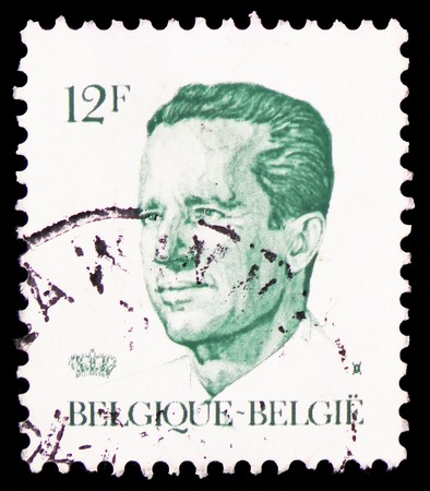 MOSCOW, RUSSIA - FEBRUARY 21, 2019: A stamp printed in Belgium shows King Baudouin, King Baudouin Type "Velghe" serie, circa 1984のeditorial素材