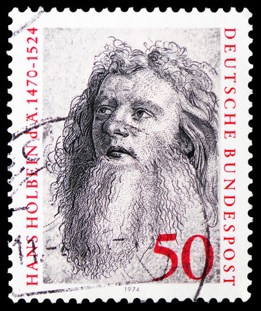 MOSCOW, RUSSIA - FEBRUARY 21, 2019: A stamp printed in Germany, Federal Republic shows Hans Holbein the Elder (1470-1524), 450th Death Anniversary serie, circa 1974のeditorial素材