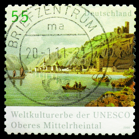 MOSCOW, RUSSIA - FEBRUARY 21, 2019: A stamp printed in Germany, Federal Republic shows Rhine Valley, UNESCO World Heritage Sitesserie, circa 2006のeditorial素材