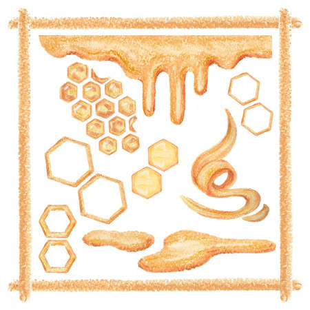 A set of honeycombs, spots, honey square frame for images and textの写真素材