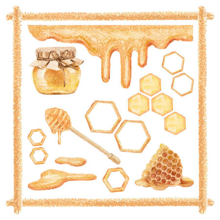 A set of honeycomb, spots, pot, spoon, honey square frames for images and textの写真素材