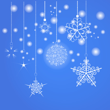 Snowflakes, Christmas tree ball on a ribbon on a blue .のイラスト素材