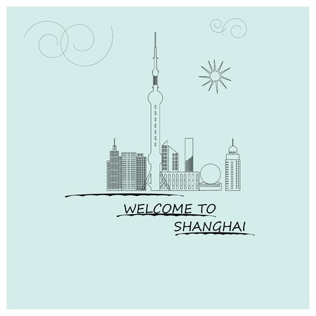 Graphic, outline, silhouette, urban, welcome, Shanghai, retro, color.のイラスト素材