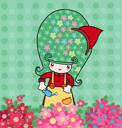 Illustration of little cute girl with beautiful flowersのイラスト素材