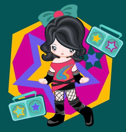 Illustration of rocky girl dressing up and listen radioのイラスト素材