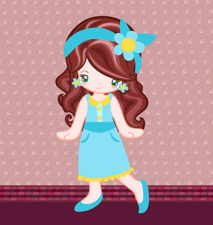 Illustration of girl dressing up vintage style in living roomのイラスト素材