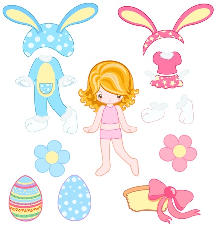 Cute girl with two rabbit dresses and accessories for Easterのイラスト素材