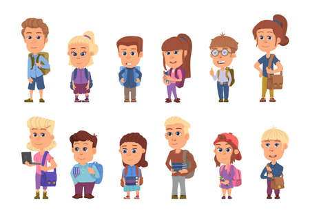 School student characters. Students with books and backpacks, cartoon children. Isolated girl boy teens, elementary education decent vector setのイラスト素材