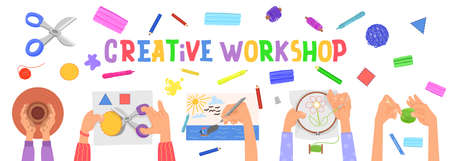 Handmade workshop banner. Kids activities, hands creative diy. Children handcraft, preschool or kindergarten activity decent vector conceptのイラスト素材