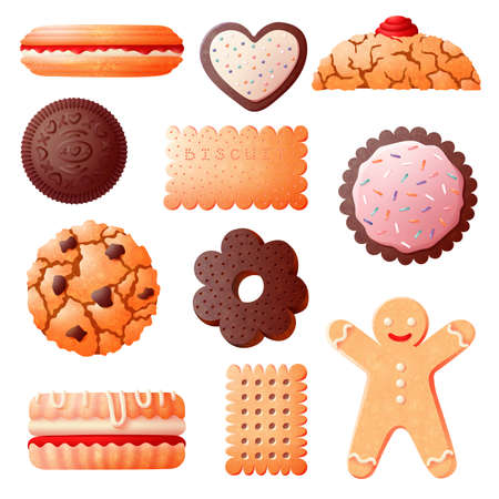 Sweet biscuits. Ginger man bakery, baking choco cookies. Delicious dessert with chocolate chips, isolated glazed baked swanky vector setのイラスト素材