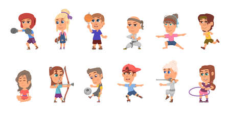 Kids sport characters. Student training, football player and fun team activity. Cartoon children athletes, isolated funny exercise decent vector setのイラスト素材